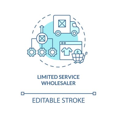 Sınırlı hizmet toptancısı turkuaz mavi konsept ikonu. Müşteri hizmetleri. Dağıtım ve lojistik soyut fikir ince çizgi çizimi. Vektör izole edilmiş dış hat renk çizimi. Düzenlenebilir vuruş