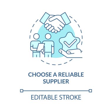 Güvenilir tedarikçi turkuaz mavi konsept simgesi seçin. Ticaret ortaklığı. Dağıtım işi soyut fikir ince çizgi çizimi. Vektör izole edilmiş dış hat renk çizimi. Düzenlenebilir vuruş