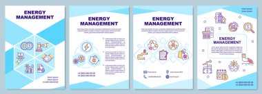 Enerji yönetimi broşürü. Güç kaynakları. Doğrusal simgeli kitapçık baskı tasarımı. Sunum için vektör planları, yıllık raporlar, reklamlar. Arial-Black, Kullanılan Myriad Pro-Normal yazı tipleri