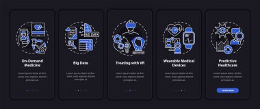 Mobil uygulama ekranında tıbbın dijital desteği. Sağlık gezintisi kavramlarla birlikte 5 adım grafik talimatlar. UI, UX, doğrusal gece kipi çizimleri ile GUI vektör şablonu