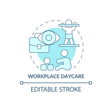 İş yeri çocuk bakımı konsepti. Çocuklar bebek bakıcılığı yapıyor. Ebeveynler soyut fikirlerin ince çizgilerini çizerek çalışırlar. İzole bir taslak çizim. Düzenlenebilir felç. Kullanılan Roboto-Orta, Myriad Pro-Kalın yazı tipleri