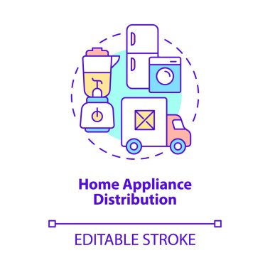 Ev aletleri dağıtım konsepti simgesi. Ev aletleri toptan satılıyor. Dağıtım şirketinin soyut fikri ince çizgi çizimi. Vektör izole edilmiş dış hat renk çizimi. Düzenlenebilir vuruş