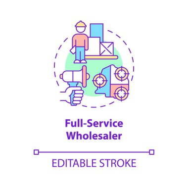 Tam hizmet veren toptancı konsepti. Müşteri hizmetleri organizasyonu. Dağıtım ve lojistik şirketi soyut fikir ince çizgili illüstrasyon. Vektör izole edilmiş dış hat renk çizimi. Düzenlenebilir vuruş