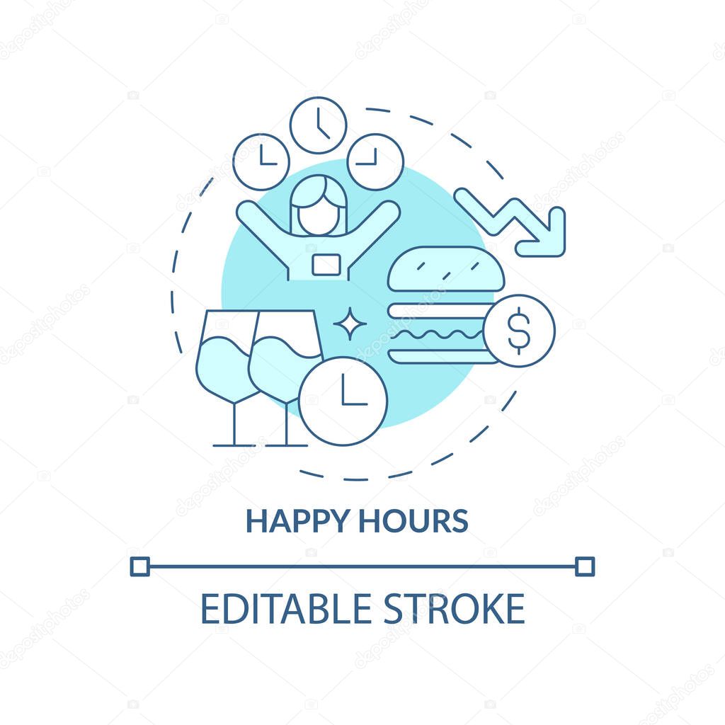 Lowered drinks prices concept icon. Alcohol reduced cost. Discount offers abstract idea thin line illustration. Isolated outline drawing. Editable stroke. Roboto-Medium, Myriad Pro-Bold fonts used
