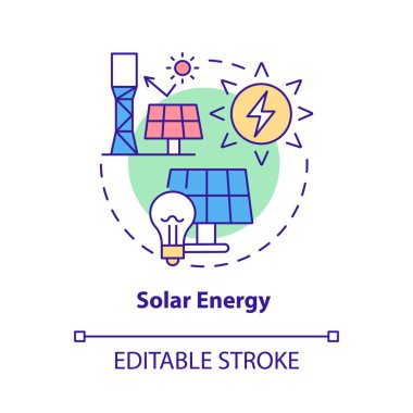 Güneş enerjisi konsepti ikonu. Çevre dostu teknoloji. Yenilenebilir enerji kaynakları soyut fikir ince çizgi çizimi. İzole bir taslak çizim. Düzenlenebilir felç. Kullanılan Roboto-Orta, Myriad Pro-Kalın yazı tipleri