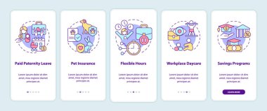 Aile ikramiyeleri mobil uygulama sayfası ekranında. Ödenmiş babalık izni 5 aşamalı grafik talimatlar doğrusal kavramlarla birlikte. UI, UX, GUI şablonu. Kullanılan sayısız Pro-Kalın, Düzenli yazı tipleri