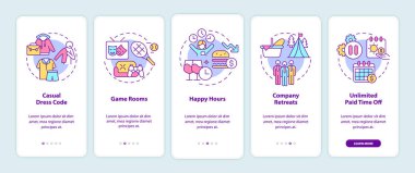 Ofis ortamı mobil uygulama sayfası ekranına yansıyor. Günlük kıyafet yönetmeliği. Doğrusal kavramlarla birlikte 5 adım grafik talimatlar. UI, UX, GUI şablonu. Kullanılan sayısız Pro-Kalın, Düzenli yazı tipleri
