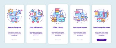 Çalışan geliştirme ikramiyeleri mobil uygulama sayfası ekranında. Danışman programı, doğrusal kavramlarla birlikte 5 adımda grafik talimatları gözden geçirir. UI, UX, GUI şablonu. Kullanılan sayısız Pro-Kalın, Düzenli yazı tipleri