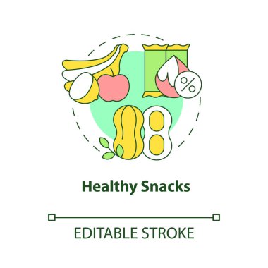 Sağlıklı abur cubur konsepti. Taze meyve ve fındık. Dengeli beslenme soyut fikir ince çizgi çizimi. İzole bir taslak çizim. Düzenlenebilir felç. Kullanılan Roboto-Orta, Myriad Pro-Kalın yazı tipleri