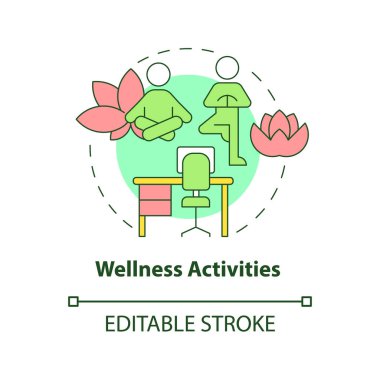 Sağlık aktiviteleri konsepti ikonu. Meditasyon ve esneklik. Yoga, ince çizgi çiziminde soyut bir fikir egzersizi yapar. İzole bir taslak çizim. Düzenlenebilir felç. Kullanılan Roboto-Orta, Myriad Pro-Kalın yazı tipleri