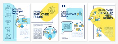 Çalışanların ücretsiz teklifleri broşürü. Doğrusal simgeli kitapçık baskı tasarımı. Sunum için vektör planları, yıllık raporlar, reklamlar. Kullanılan Düzenli, Lato-Düzenli yazıtipleri