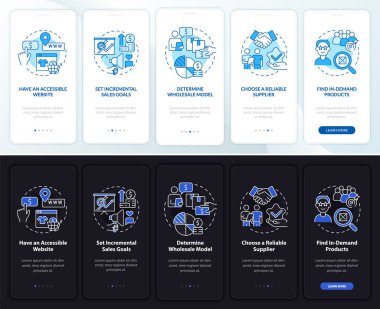 Seyyar uygulama sayfası ekranında dağıtım işi büyümesi. Konseptlerle birlikte 5 aşamalı grafik talimatları gözden geçirin. UI, UX, GUI vektör şablonu doğrusal gece ve gündüz kip çizimleri