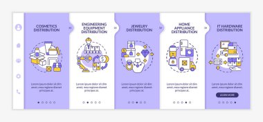 Toptan iş dünyası vektör şablonunda. Simgeli ilgili mobil web sitesi. Web sayfasında 5 basamaklı ekranlar. Doğrusal çizimlerle dağıtım şirketi renk kavramı
