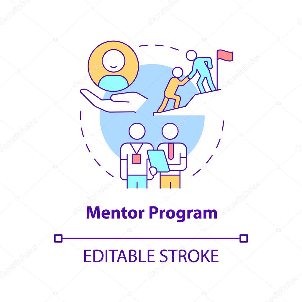 Mentor program concept icon. Professional experience share. Employee training abstract idea thin line illustration. Isolated outline drawing. Editable stroke. Roboto-Medium, Myriad Pro-Bold fonts used