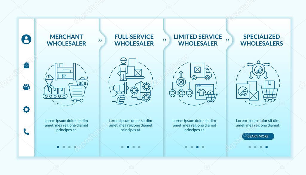 Types of wholesale business onboarding vector template. Responsive mobile website with icons. Web page walkthrough 4 step screens. Distribution color concept with linear illustrations