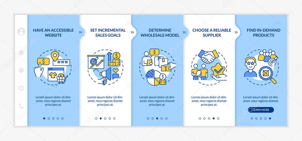 Distribution business growth tips onboarding vector template. Responsive mobile website with icons. Web page walkthrough 5 step screens. Wholesale color concept with linear illustrations