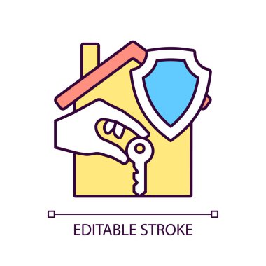 Kiracılar sigorta RGB renk simgesi. Kiracı sigortası. Özel eşyaların kazalardan korunması. İzole vektör çizimi. Basit bir çizgi çizimi. Düzenlenebilir felç. Kullanılan Arial yazı tipi.