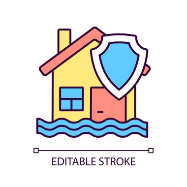 Sel sigortası RGB renk simgesi. Malları felaketten korumak için. Hava yüzünden kazara sigorta yaptırmış. İzole vektör çizimi. Basit bir çizgi çizimi. Düzenlenebilir felç. Kullanılan Arial yazı tipi