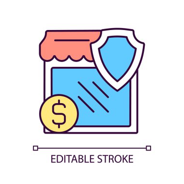Küçük işletme sigortası RGB renk ikonu. Girişimci güvenliği. İzole vektör çizimi. Kriz anında maddi destek. Basit bir çizgi çizimi. Düzenlenebilir felç. Kullanılan Arial yazı tipi