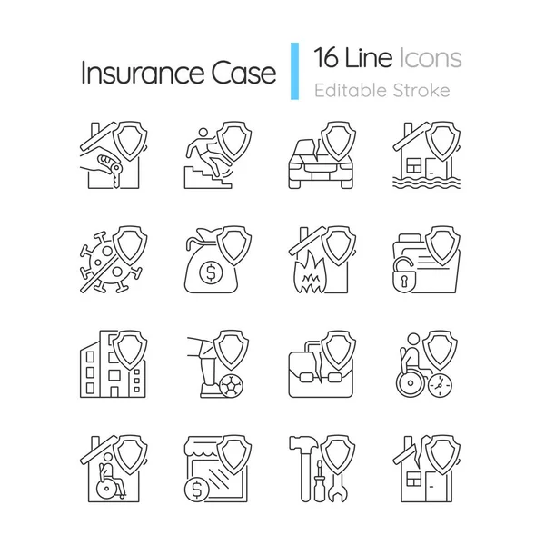 Tipos Seguros Conjunto Iconos Lineales Garantía Protección Financiera Accidentes Personalizable — Archivo Imágenes Vectoriales