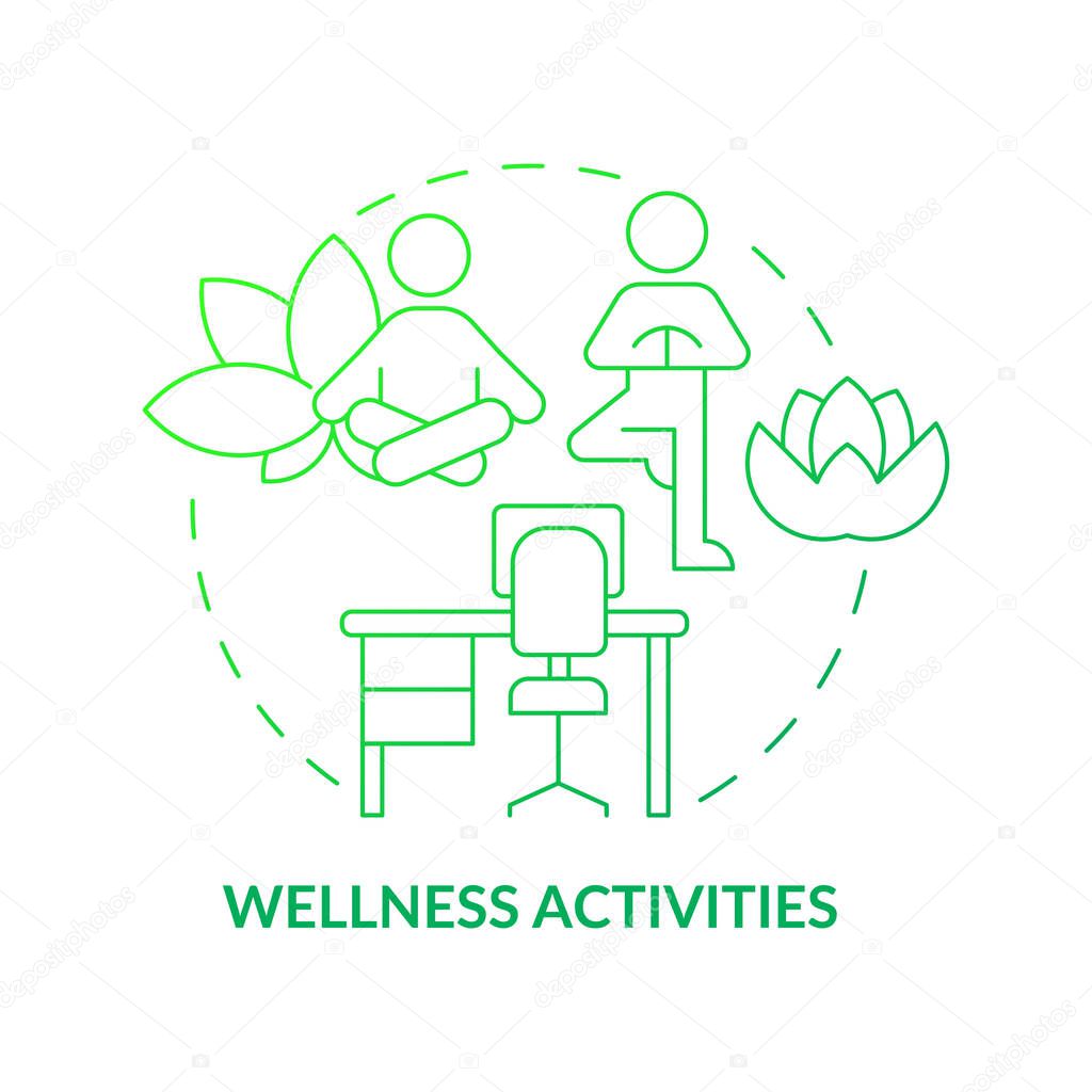 Wellness practices concept icon. Calm working environment. Meditation and yoga exercises abstract idea thin line illustration. Isolated outline drawing. Roboto-Medium, Myriad Pro-Bold fonts used