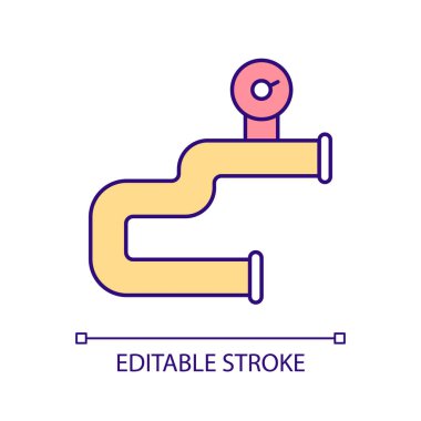 Doğal gaz rafinerisi RGB renk ikonu. Basınç ölçer ile boru hattı. Endüstriyel bitki. İzole vektör çizimi. Basit bir çizgi çizimi. Düzenlenebilir felç. Kullanılan Arial yazı tipi