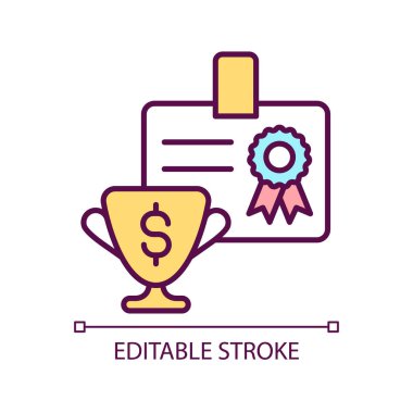 Finansal teşvik RGB renk simgesi. Çalışkan çalışanı parayla ödüllendirmek. Başarı için ikramiye veriyorlar. İzole vektör çizimi. Basit bir çizgi çizimi. Düzenlenebilir felç. Kullanılan Arial yazı tipi