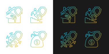 Karanlık ve aydınlık mod için ayarlanmış sigorta durumlarının gradyan simgeleri. Kazalarda maddi yardım. İnce çizgili sembol demetleri. Siyah ve beyaz üzerine izole vektör ana hatları koleksiyonu