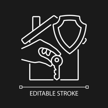 Kiracılar koyu renk tema için beyaz doğrusal ikon kiralarlar. Kiracı sigortası. İnce çizgi özelleştirilebilir illüstrasyon. Gece modu için izole vektör kontur sembolü. Düzenlenebilir felç. Kullanılan Arial yazı tipi.