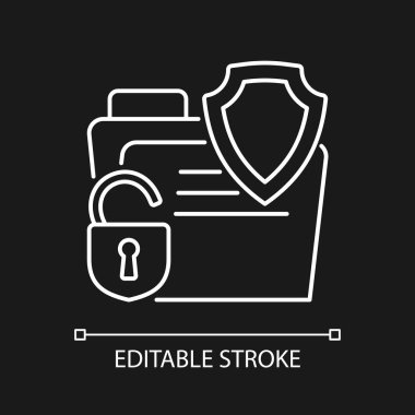 Karanlık tema için veri ihlal sigortası beyaz doğrusal simgesi. Siber güvenlik sigortası. İnce çizgi özelleştirilebilir illüstrasyon. Gece modu için izole vektör kontur sembolü. Düzenlenebilir felç. Kullanılan Arial yazı tipi