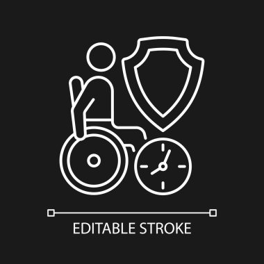 Karanlık tema için uzun vadeli sigorta beyaz doğrusal simgesi. Sağlık hizmetleri finansmanı. İnce çizgi özelleştirilebilir illüstrasyon. Gece modu için izole vektör kontur sembolü. Düzenlenebilir felç. Kullanılan Arial yazı tipi