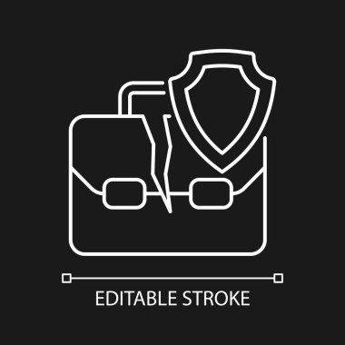 Karanlık tema için işsizlik sigortası beyaz doğrusal simgesi. Finansal tazminat. İnce çizgi özelleştirilebilir illüstrasyon. Gece modu için izole vektör kontur sembolü. Düzenlenebilir felç. Kullanılan Arial yazı tipi