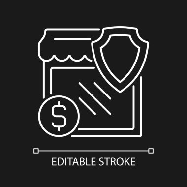 Koyu renk tema için küçük işletme sigortası beyaz doğrusal simgesi. Girişimci güvenliği. İnce çizgi özelleştirilebilir illüstrasyon. Gece modu için izole vektör kontur sembolü. Düzenlenebilir felç. Kullanılan Arial yazı tipi