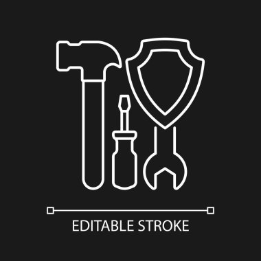 Karanlık tema için işçi sigortası beyaz doğrusal simgesi. Girişimci ve işçilerin güvenliği. İnce çizgi özelleştirilebilir illüstrasyon. Gece modu için izole vektör kontur sembolü. Düzenlenebilir felç. Kullanılan Arial yazı tipi