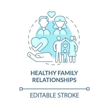 Sağlıklı aile ilişkileri turkuvaz konsept ikonu. Sağlıklı yaşam tarzı soyut fikir ince çizgi çizimi. İzole bir taslak çizim. Düzenlenebilir felç. Kullanılan Roboto-Orta, Myriad Pro-Kalın yazı tipleri