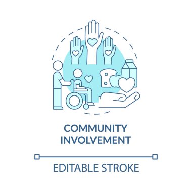 Toplumsal katılım turkuaz konsept simgesi. Güvenilir bir ilişki kurun soyut bir fikir ince çizgi çizimi. İzole bir taslak çizim. Düzenlenebilir felç. Kullanılan Roboto-Orta, Myriad Pro-Kalın yazı tipleri