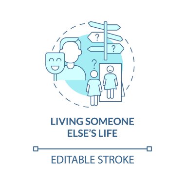 Başka birinin hayatını yaşamak turkuaz konsept ikonu. Kendini soyut ve ince bir çizgi çiziminde kaybediyorsun. İzole bir taslak çizim. Düzenlenebilir felç. Kullanılan Roboto-Orta, Myriad Pro-Kalın yazı tipleri