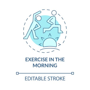 Sabah turkuvaz konsept ikonu alıştırması. Sağlıklı yaşam tarzı, soyut fikir ve ince çizgiler için çalışma. İzole bir taslak çizim. Düzenlenebilir felç. Kullanılan Roboto-Orta, Myriad Pro-Kalın yazı tipleri