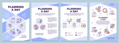Planlama günü mor broşürü. Yaşam dengesi. Doğrusal simgeli kitapçık baskı tasarımı. Sunum için vektör planları, yıllık raporlar, reklamlar. Arial-Black, Kullanılan Myriad Pro-Normal yazı tipleri