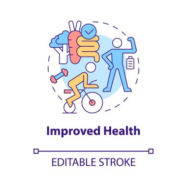 Gelişmiş sağlık konsepti ikonu. Soyut ve ince çizgili resimlerin refahı için dengeli bir yaşam tarzı. İzole bir taslak çizim. Düzenlenebilir felç. Kullanılan Roboto-Orta, Myriad Pro-Kalın yazı tipleri
