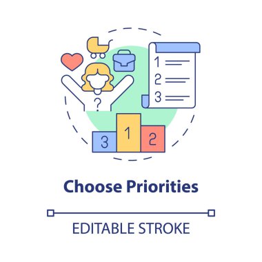 Öncelik konsepti simgesini seçin. Dengeli yaşam tarzı planlama soyut fikir ince çizgi çizimi. İzole bir taslak çizim. Düzenlenebilir felç. Kullanılan Roboto-Orta, Myriad Pro-Kalın yazı tipleri