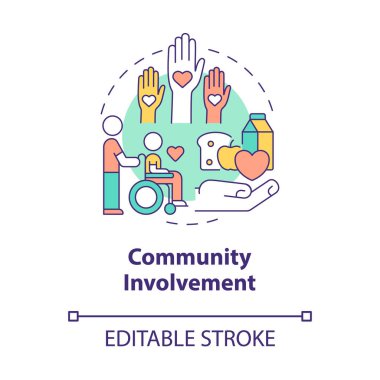 Toplumsal katılım kavramı simgesi. İnsanlarla soyut ve ince çizgili çizgiler oluşturun. İzole bir taslak çizim. Düzenlenebilir felç. Kullanılan Roboto-Orta, Myriad Pro-Kalın yazı tipleri