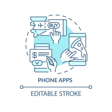 Telefon uygulamaları mavi konsept simgesi. Telefonla ev kontrolü. Günlük otomasyon fikri soyut ince çizgi çizimi. İzole bir taslak çizim. Düzenlenebilir felç. Kullanılan Roboto-Orta, Myriad Pro-Kalın yazı tipleri