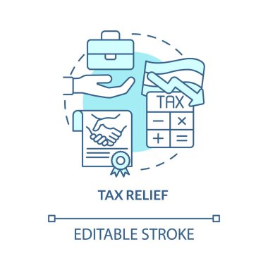 Vergi indirimi turkuaz konsept ikonu. Hükümet programı soyut fikir ince çizgi çizimi. Vergi indirimi. İzole bir taslak çizim. Düzenlenebilir felç. Kullanılan Roboto-Orta, Myriad Pro-Kalın yazı tipleri