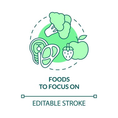 Yeşil kavram ikonuna odaklanmak için yiyecekler. Beslenme ürünleri. Fitness yaşam tarzı soyut fikir ince çizgi çizimi. İzole bir taslak çizim. Düzenlenebilir felç. Kullanılan Roboto-Orta, Myriad Pro-Kalın yazı tipleri