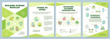 Güçlü kaslar, yeşil broşür kalıbını değiştiriyor. Doğrusal simgeli kitapçık baskı tasarımı. Sunum için vektör planları, yıllık raporlar, reklamlar. Arial-Black, Kullanılan Myriad Pro-Normal yazı tipleri