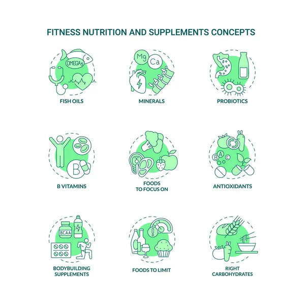 Fitness Nutrición Suplementos Verdes Iconos Concepto Conjunto Productos Para Idea — Vector de stock