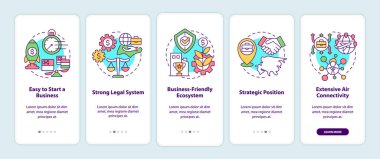 Singapur 'da mobil uygulama ekranında işe başlama nedenleri. Çizgisel kavramlarla dolu 5 aşamalı grafik talimatları. UI, UX, GUI şablonu. Kullanılan sayısız Pro-Kalın, Düzenli yazı tipleri