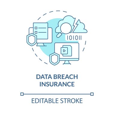 Veri ihlali sigorta turkuaz konsept simgesi. Siber koruma fikri soyut ince çizgi çizimi. İzole bir taslak çizim. Düzenlenebilir felç. Kullanılan Roboto-Orta, Myriad Pro-Kalın yazı tipleri