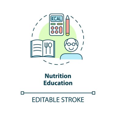 Beslenme eğitimi konsepti ikonu. Sağlıklı besinleri seçmeyi öğren soyut fikir ince çizgi çizimi. İzole bir taslak çizim. Düzenlenebilir felç. Kullanılan Roboto-Orta, Myriad Pro-Kalın yazı tipleri